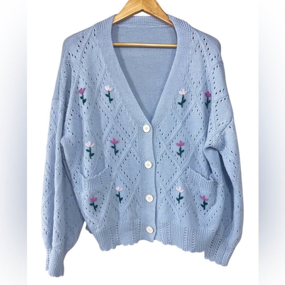 SHEIN Curve Blue Flowers Chunky Knit Crop Cardigan Sweater Grandma | Women’s 1x